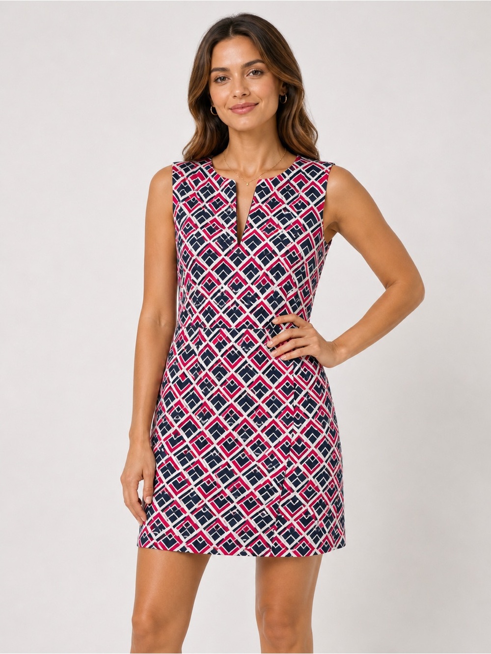 GAP Pink & Navy Geometric Notch-Neck 
Lined Dress Vtg